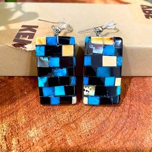 Turquoise, onyx, and shell mosaic inlay earrings